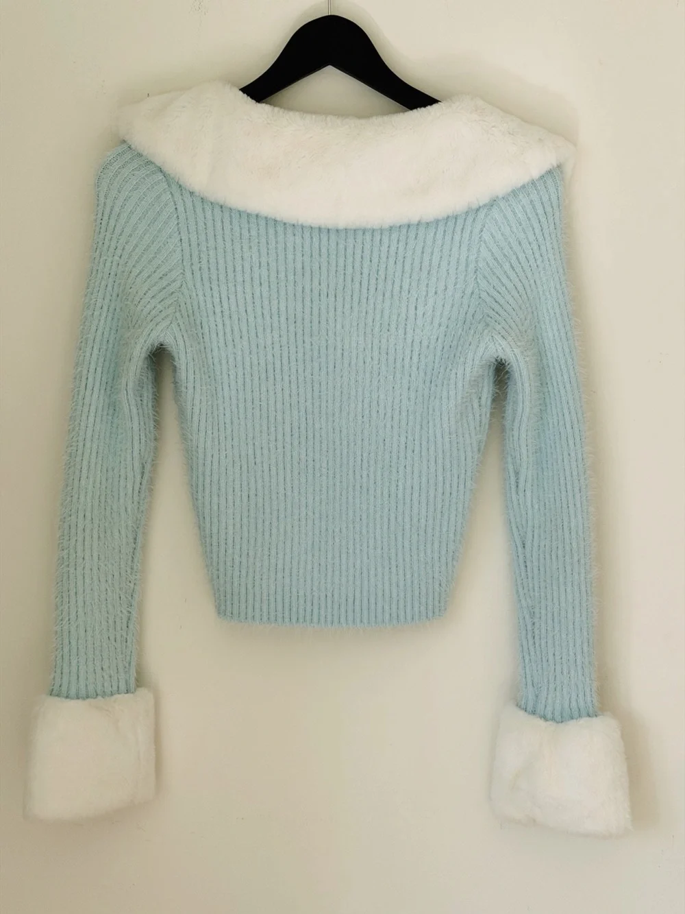 Forever 21 Light Blue Fuzzy Knit Jacket with White Faux-Fur Collar
